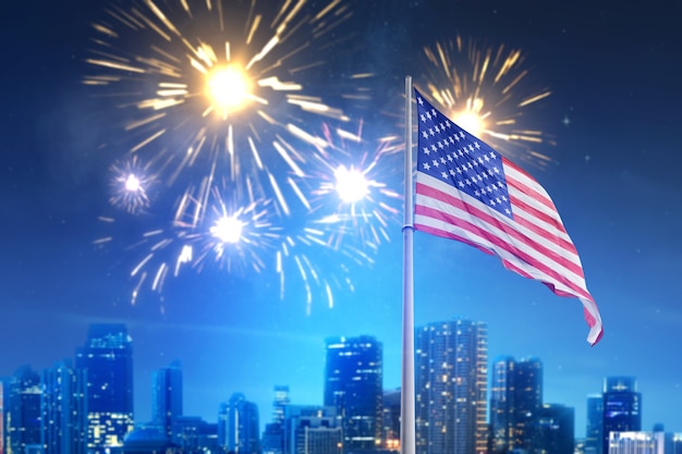 불꽃놀이와 야경과 함께 공중에 미국 국기가 흔들립니다. 7월 4일 컨셉