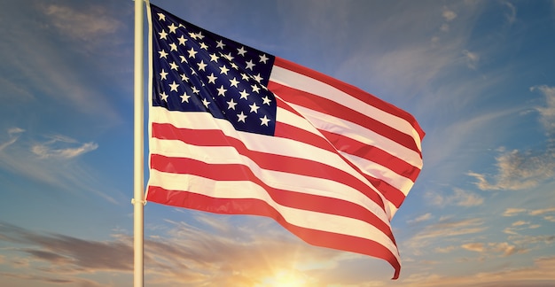 사진 푸른 하늘에 물결 치는 미국 국기