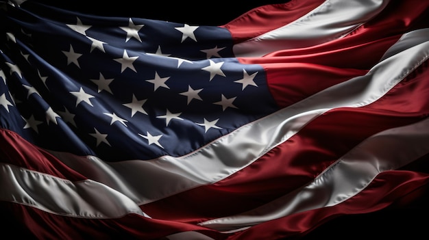 American flag waving isolated on black background