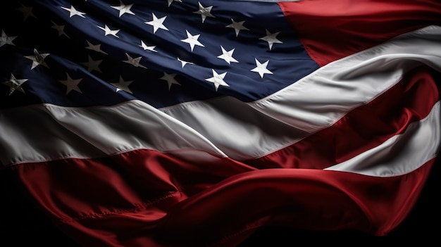 American flag waving isolated on black background