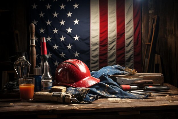 American flag with different construction tools