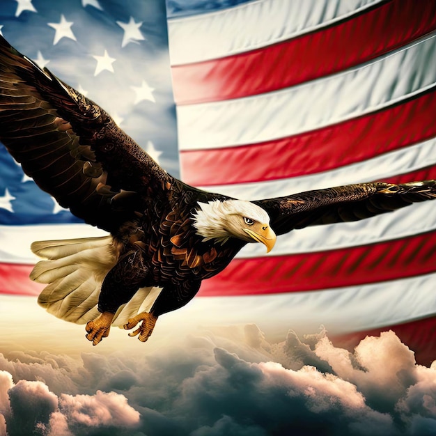 An american flag with an eagle flying in the sky