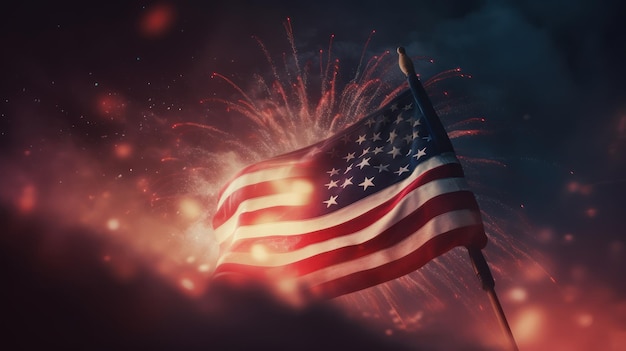 American flag with fireworks on background