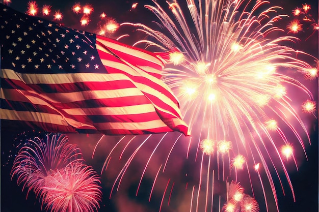 An american flag with fireworks exploding in the background