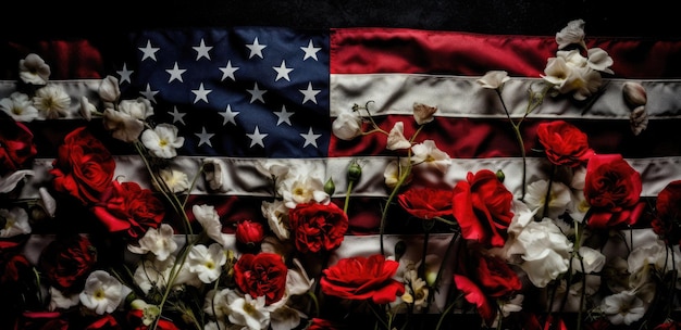 미국 현충일 배너 배경을 위한 꽃과 복사 공간이 있는 미국 국기