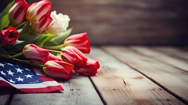 Foto bandiera americana con fiori sul tavolo di legno