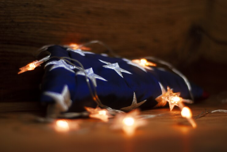 American flag with Garland for Memorial Day