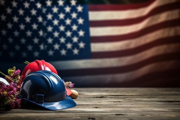 木製のテーブルの上にハードハット付きのアメリカ国旗 労働の日コンセプト