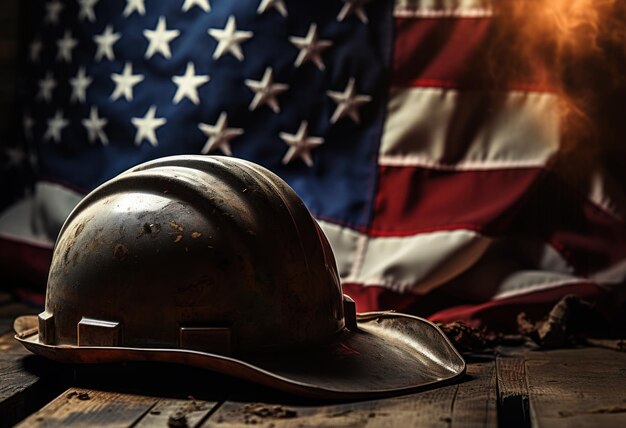 american flag with hard hat