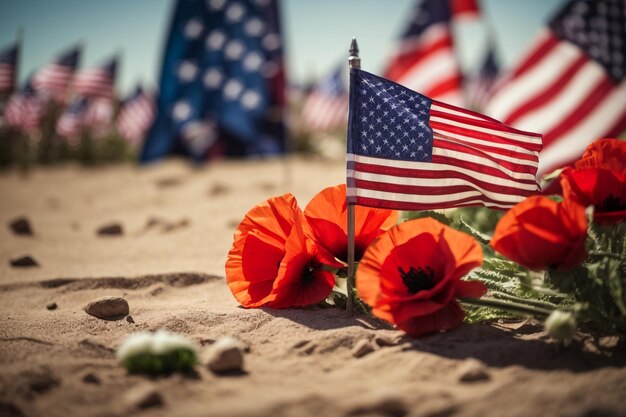 Foto bandiera americana con una targa bianca di fiore rosso e pavimenti di pietra grigia sullo sfondo