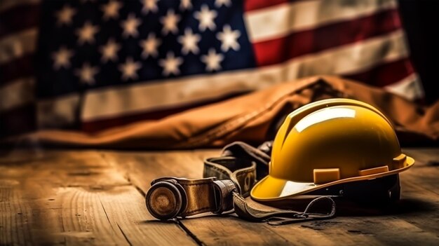 Фото Американский флаг с защитным шлемом и инструментами на деревянном фоне концепция дня труда генеративный ии