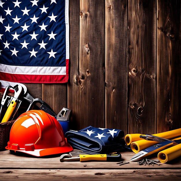 American flag with safety helmet and tools on woode