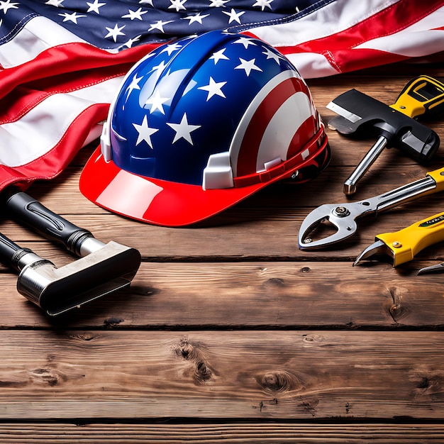 Photo american flag with safety helmet and tools on woode