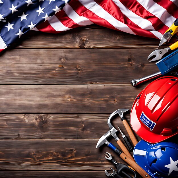 Photo american flag with safety helmet and tools on woode