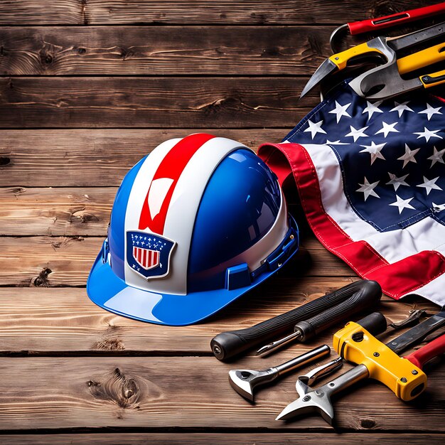 アメリカ国旗と安全ヘルメットとツール