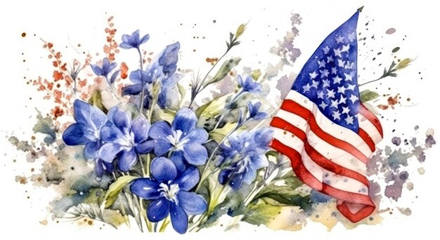 American flag with spring flowers USA independence day 4th of July watercolor for sublimation tshirt mug pillow tumbler print