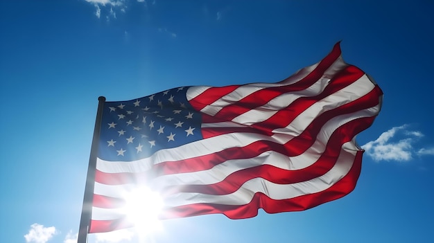 American flag with the sun shining on it