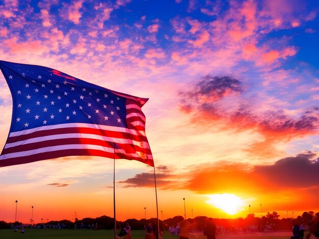 American Flag with Sunset and cloud background