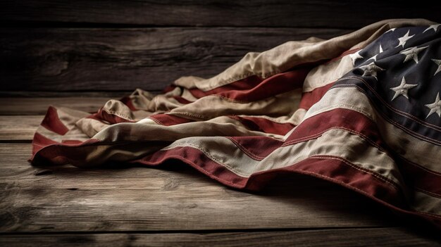 An american flag on a wooden table