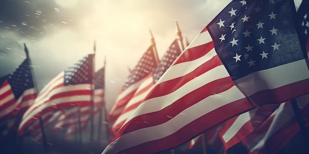 American flags on a background of blue fog