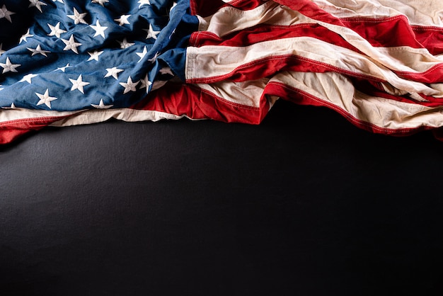 American flags on black  background