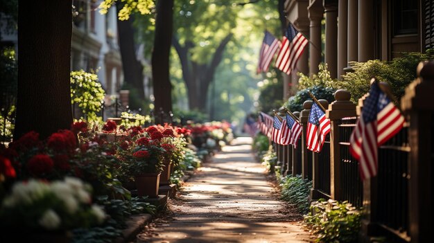 American Flags Displayed On The Porches Homes Background