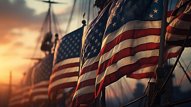 American Flags Flying At Full Mast In A Clear Background