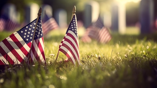 American flags in the grass with a memorial in the background