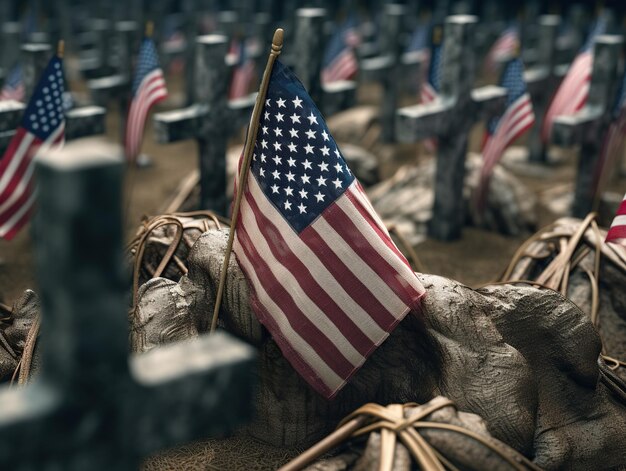 묘지의 무덤에 미국 국기
