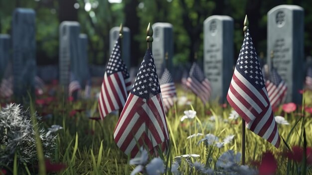 Photo american flags on a grave in the cemetery