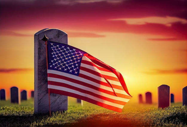 American flags and headstones at the National Cemetery American Memorial Day Generative AI