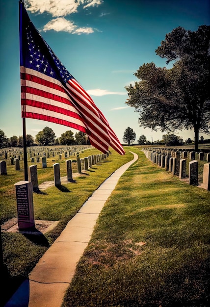 American flags and headstones at the National Cemetery American Memorial Day Generative AI