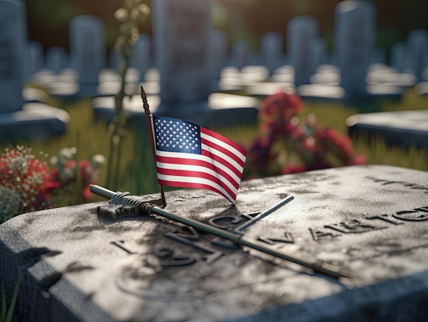 写真 墓地の墓の上にアメリカの国旗