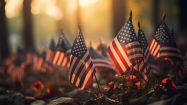 American Flags Planted In The Ground At A Background