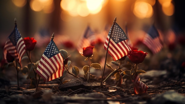 American Flags Planted In The Ground At A Background