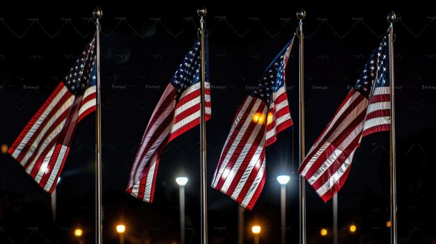 American flags on poles illuminated at night