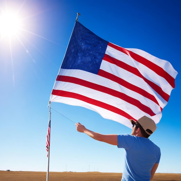 Photo american fling flag on blue sky with white cloud