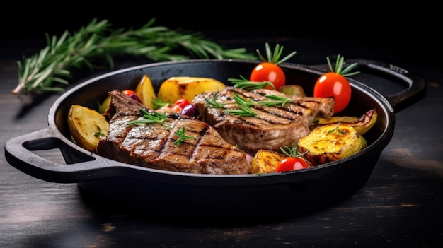 Photo american food concept grilled beef steak with grilled vegetables in a cast iron skillet