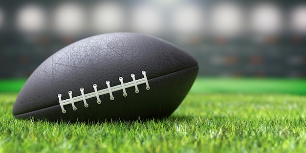 American football bal op een weelderig groen grasveld Super bowl 3d render