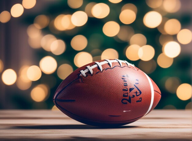 Photo american football ball on an empty wooden table with a background of bokeh christmas lights