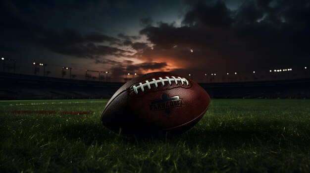 American football ball on the field at night