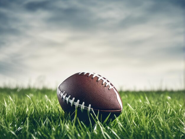 American football ball on green grass against black background