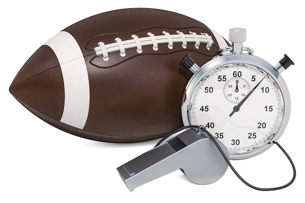 Photo american football ball with whistle and stopwatch 3d rendering