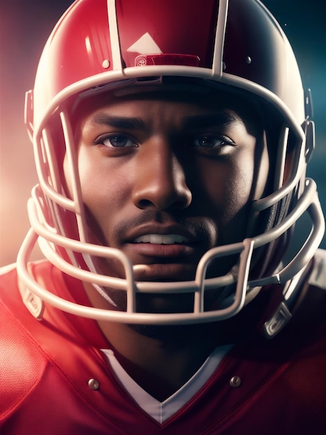 American Football Championship Game Closeup Portrait of Professional Player Wearing Helmet