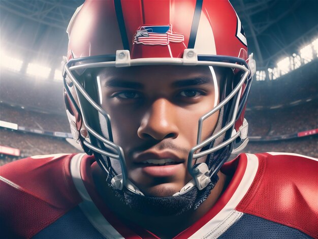 American Football Championship Game Closeup Portrait of Professional Player Wearing Helmet