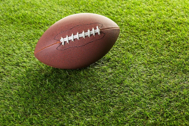 Football americano primo piano sull'erba verde.