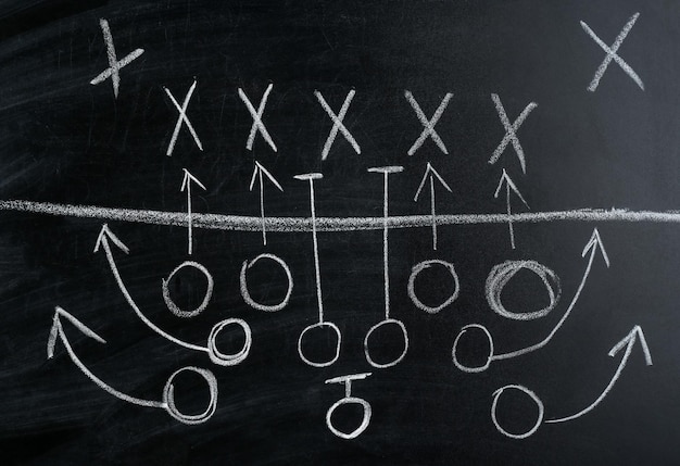 Photo american football game strategy written with chalk on blackboard