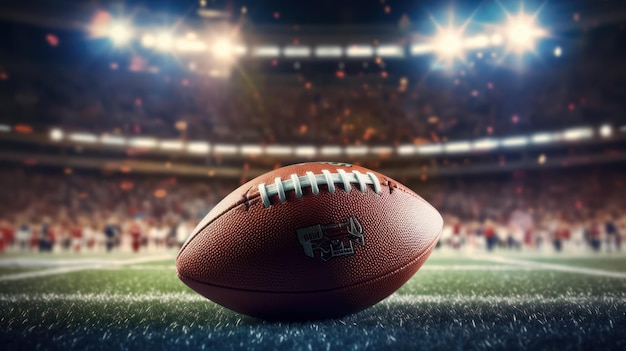 american football on grass field with blur stadium spotlight background