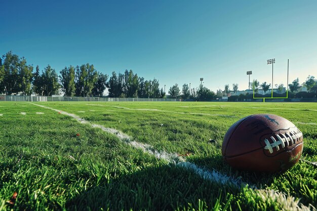 Foto calcio americano sul campo di erba con i pilastri sullo sfondo in una giornata limpida