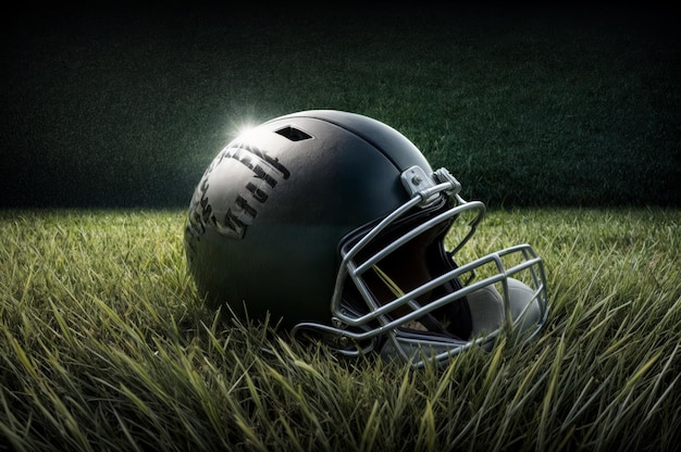 Шлем американского футбола и мяч на зеленой траве